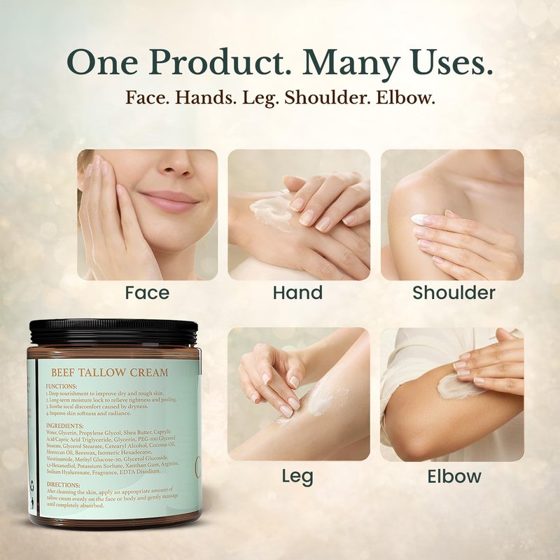 Beef Tallow for Skin - Organic Grass Fed Beef Tallow Balm, Whipped Beef Tallow for Face & Body, Moisturizer for Dry Skin, Shea Butter with Moroccan Oil (3.5 oz)