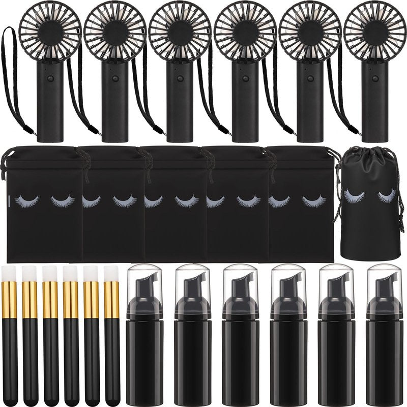 Woanger 24 Pcs Lash Shampoo Kits Rechargeable Handheld USB Portable Fans Eyelash Shampoo Brush Empty Bottle Wedding Gift Employee Appreciation Gift (400mah,Black)