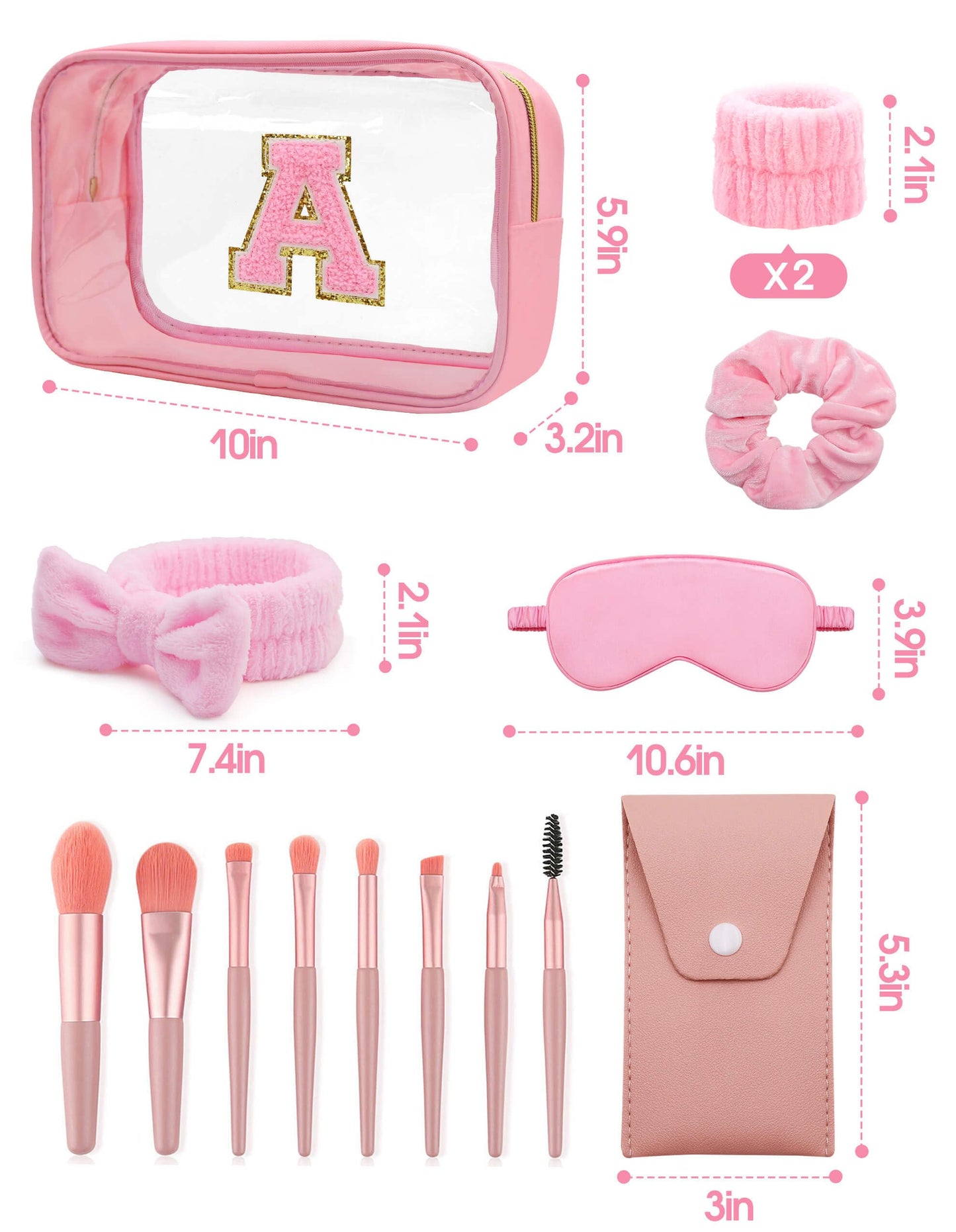 Gift Sets for Women, Initial Makeup Bag with Makeup Brush Set Bachelorette Party Favors, Pink Spa Kit with Skincare Headbands Wrist Bands Sleepover Party Supplies Gifts for Teen Girls Bridesmaid A