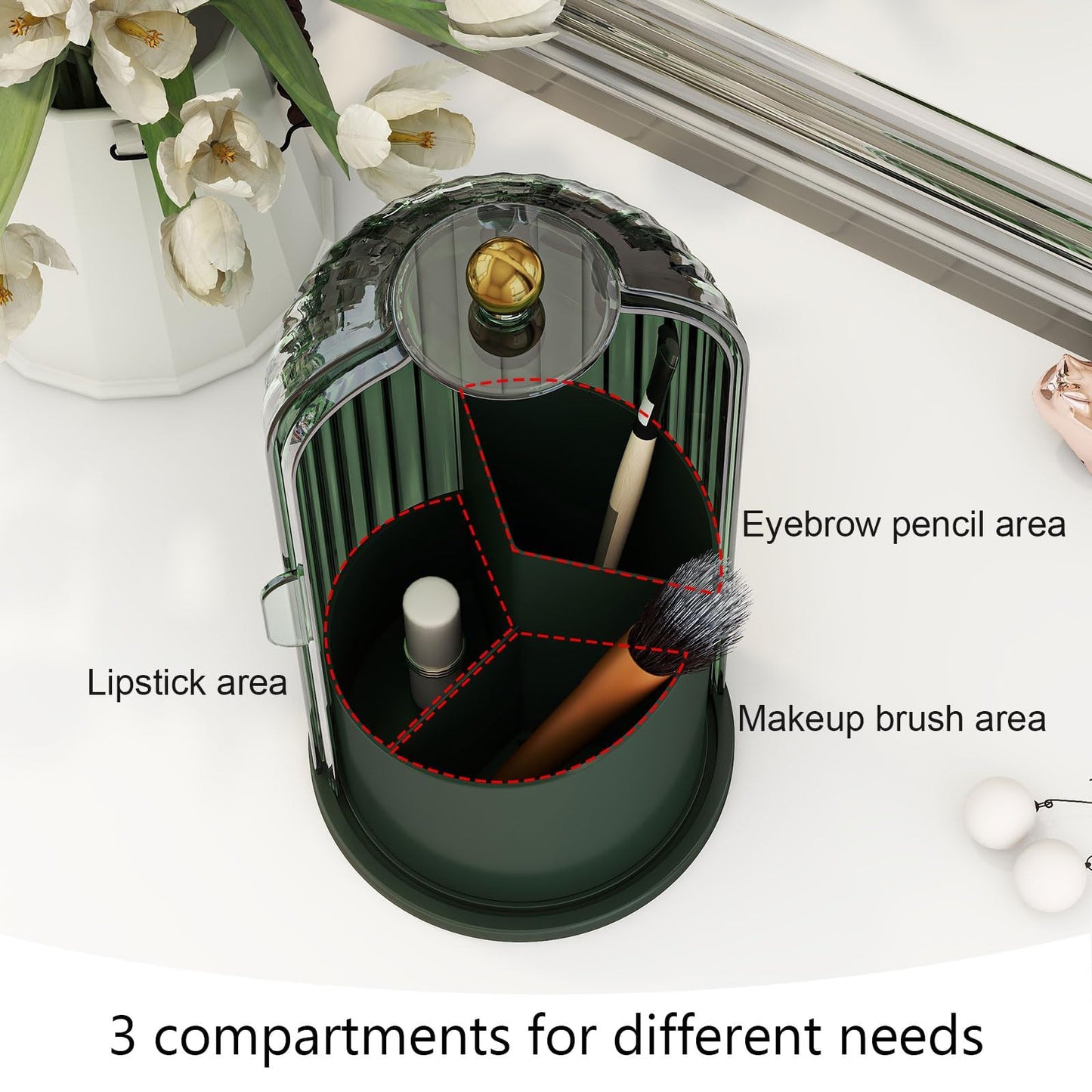Emljkvp Makeup Brush Holder with Dustproof Cover 360 Rotating Makeup Brush Organizer for Vanity Bathroom, White/Black