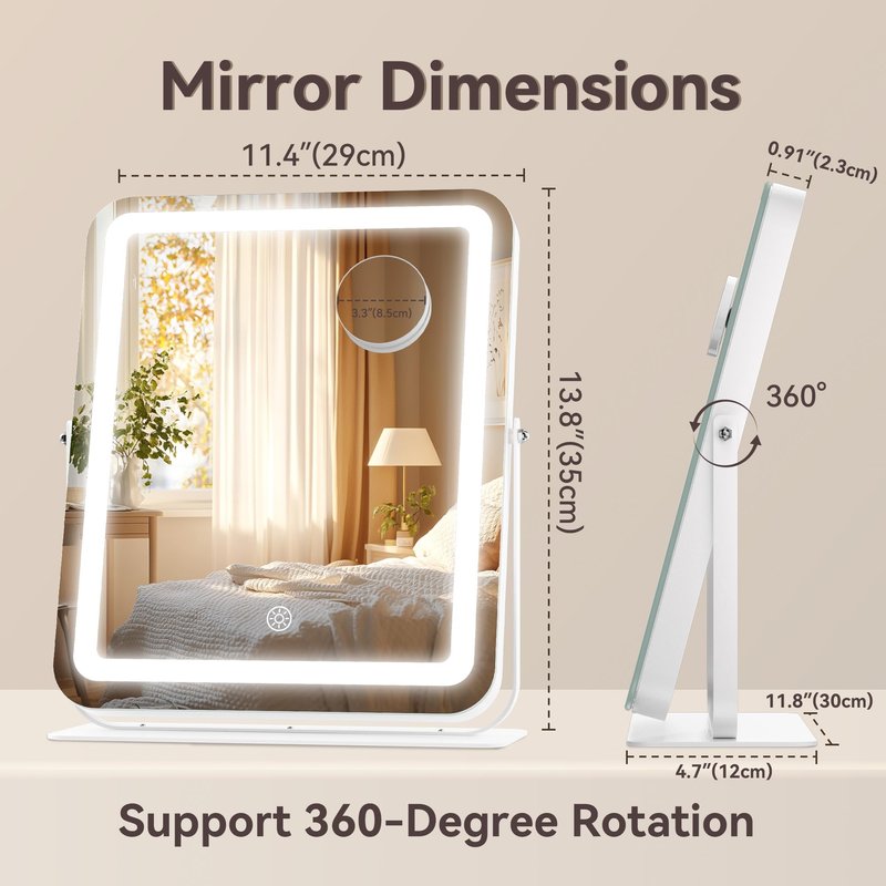 Hasipu Makeup Vanity Mirror with Lights, 12" L x 14" W LED Tabletop Make up Mirror for Desk, Lighting & Brightness Adjustment, 360°Rotation, 10x Magnification