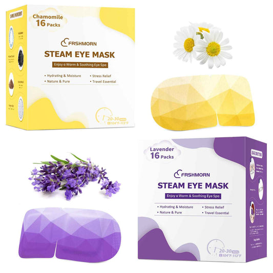 FRSHMORN 32 Packs Steam Eye Mask, Heated Eye Mask Warm Compress for Eyes, Self Heating Disposal Eye Mask Comfortable Sleep Mask for Home Spa, Travel Essentials (Lavender & Chamomile)