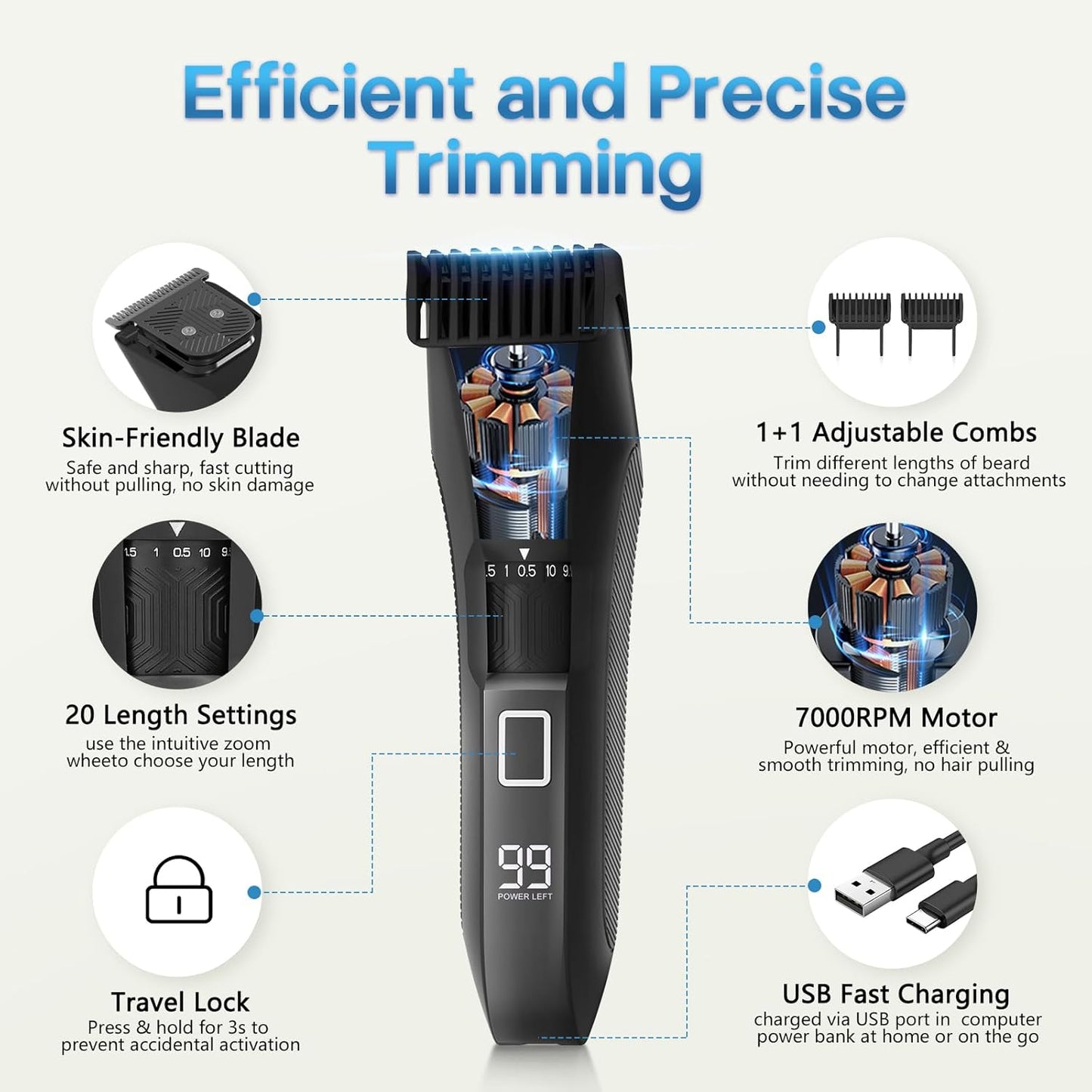 Beatslm Beard Trimmer for Men - Cordless Waterproof Clippers with Adjustable Length & Stainless Steel T-Blade | 2 Guide Combs, LED Display