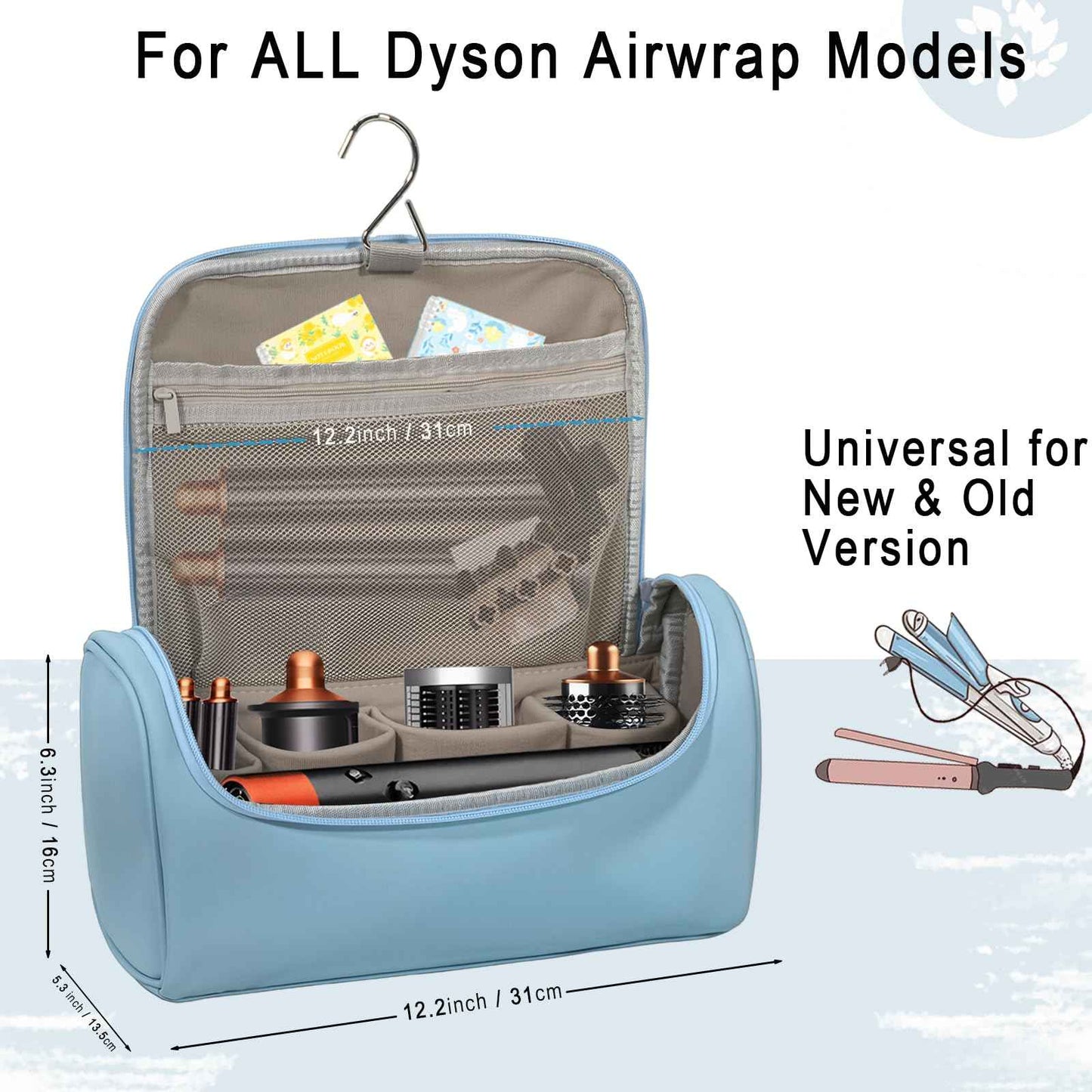 Haroranax Portable Travel Case for Dyson Airwrap Multifunction Curling Iron And Accessories, Travel Bag With Hook, Stores All Models Of Curling Irons And Accessories (Sky blue)