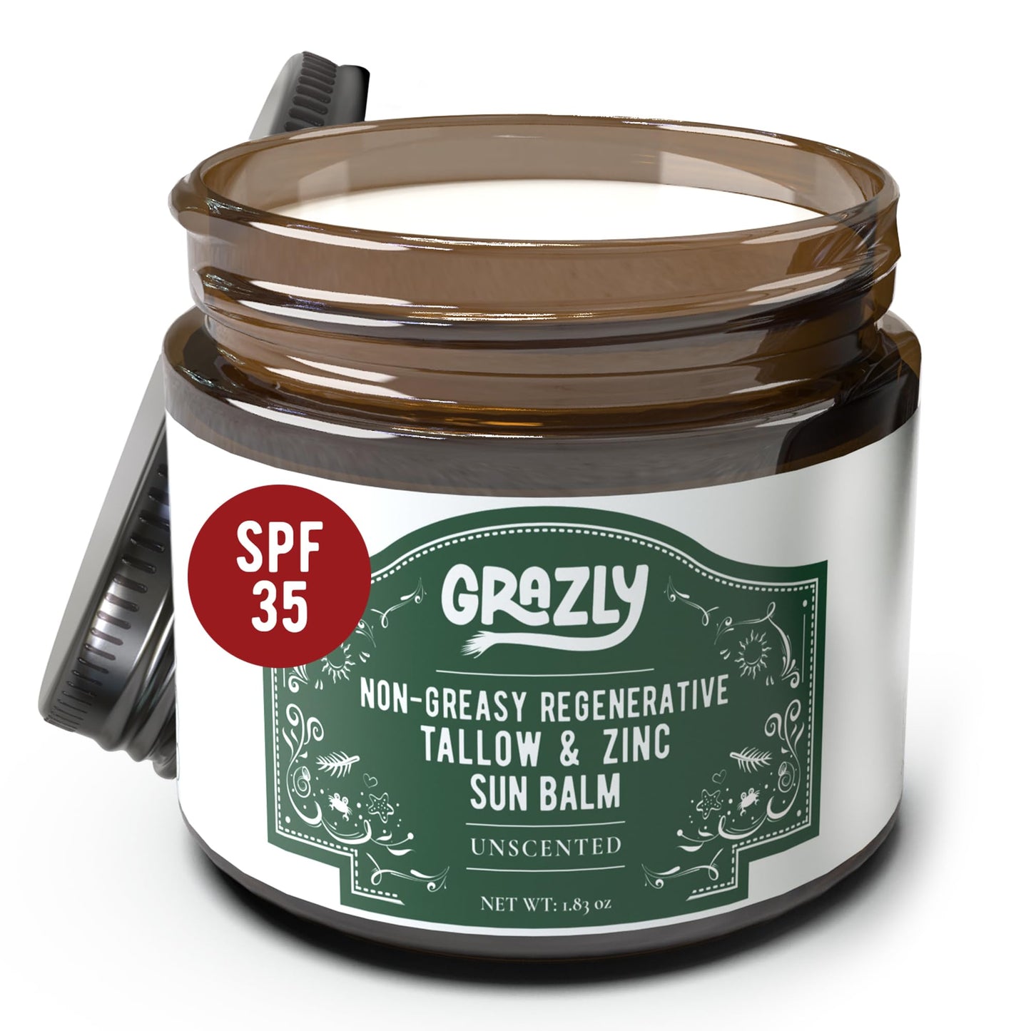 Grazly Beef Tallow Sunscreen SPF 35 – Unscented Water Resistant Zinc Sun Balm, Non-Greasy Natural Sunscreen for Face & Body – 4 Natural Ingredients: Non-Nano Zinc, Organic Coconut Oil, Beeswax- 1.8 oz