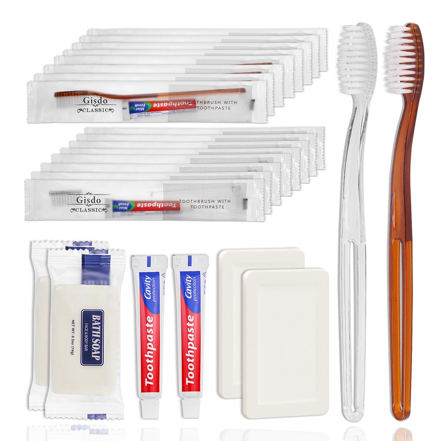 Gisdo 50 Pack Basic Toiletry Kits Disposable Toothbrushes with Toothpaste and Soap Individually Wrapped, Travel Personal Hygiene Kit for Hotel Amenities, Airbnb Hosts, Homeless, Travel & Camping
