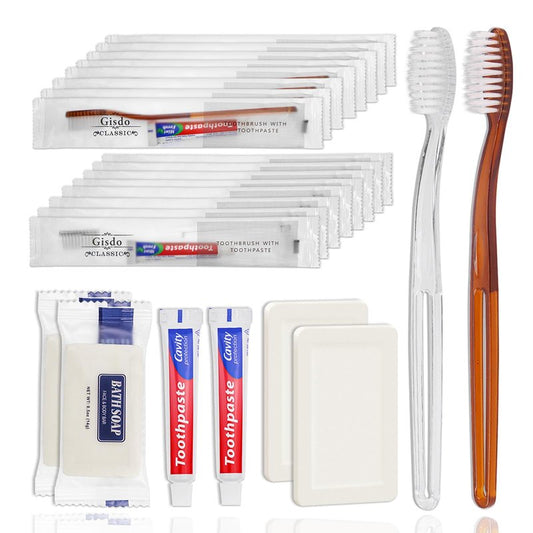 Gisdo 50 Pack Basic Toiletry Kits Disposable Toothbrushes with Toothpaste and Soap Individually Wrapped, Travel Personal Hygiene Kit for Hotel Amenities, Airbnb Hosts, Homeless, Travel & Camping