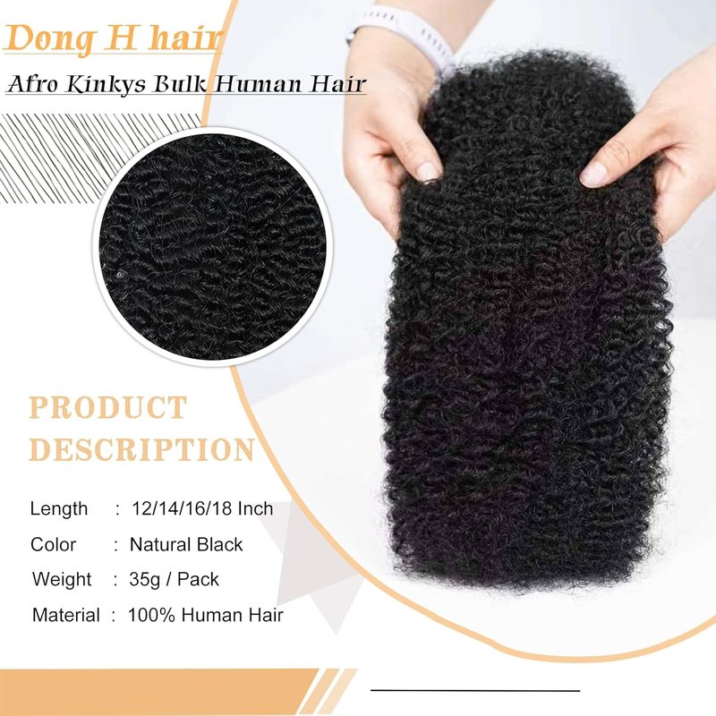 Afro Kinky-Curly Human Hair Bulk - 18 Inch for Braiding & Mini Twists | 1B Color, 35g/Pack