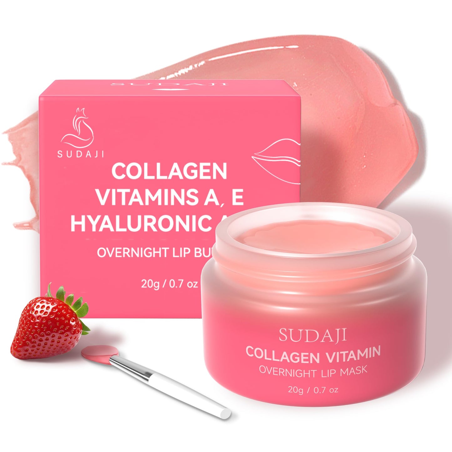 SUDAJI Collagen Lip Mask, Hydrating Lip Balm, Lip Moisture with Hyaluronic Acid & Vitamins E, A- Overnight Sleeping Nourishing Lip Butter Balm for Dry Lips 0.7 Oz