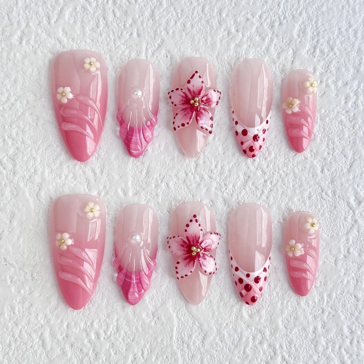 Flower Press on Nails Medium Almond Handmade 3D Water Ripple Pearl False Nails with Designs Luxury Handmade on Nails Floral Embossed French Tip Fake Nail Art Glossy Thick Acrylic Nails (Size S)