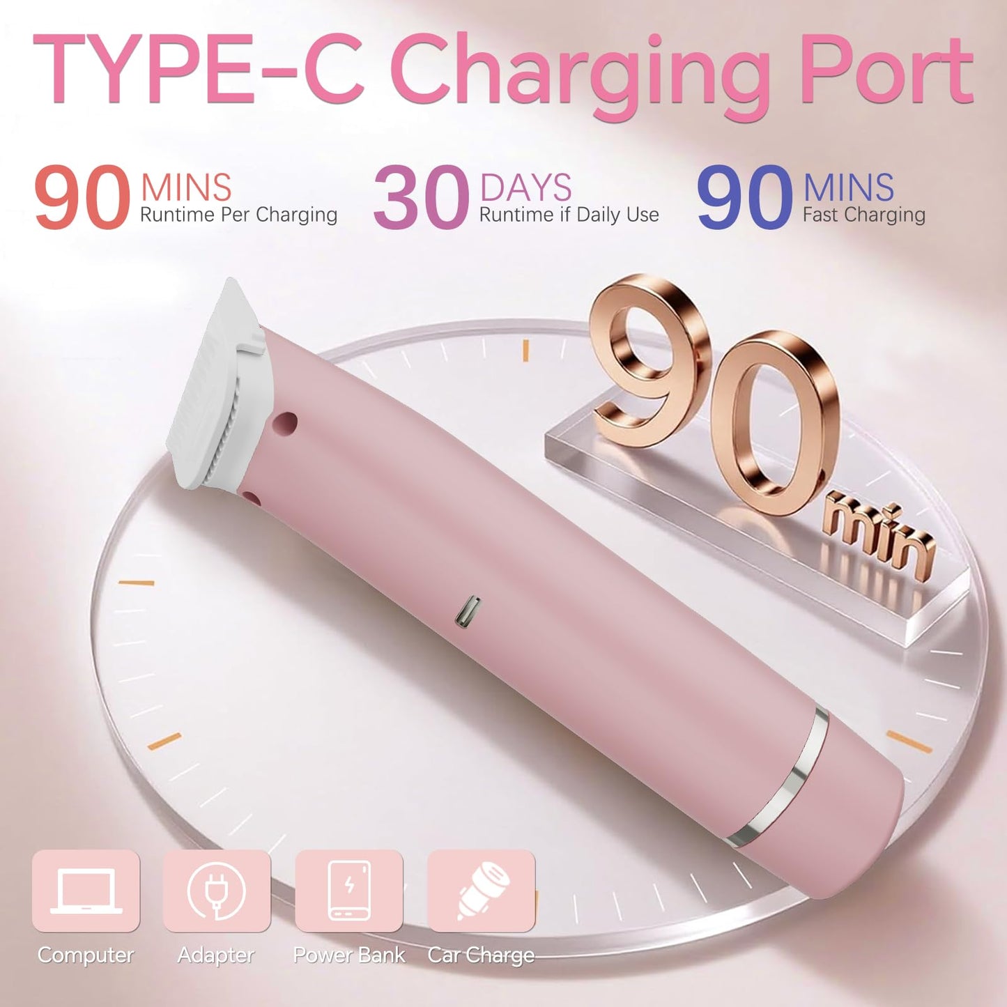 Bikini Trimmer for Women - 2 in 1 Dual Head Electric Razor, Painless Pubic & Body Hair Remover for Face, Legs, Underarms, IPX6 Waterproof, Cordless Rechargeable for Travel, Gift for Her(Pink+Purple)