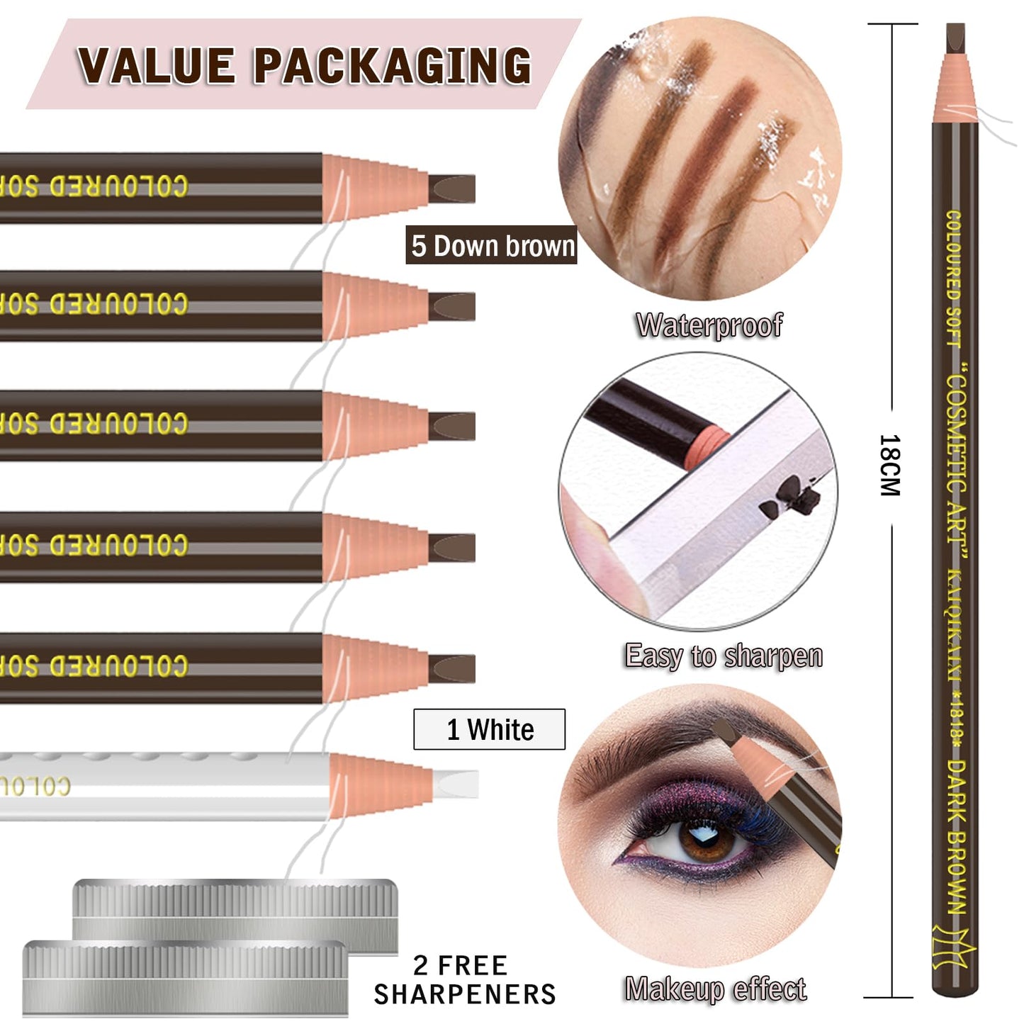 KAIQIKAIXI 6Pcs Dark Brown Waterproof Eyebrow Pencils Makeup Set For Marking, Filling And Outlining, Tattoo Makeup And Microblading Supplies Kit-Hard Refills Are Easy To Color (Dark Brown)