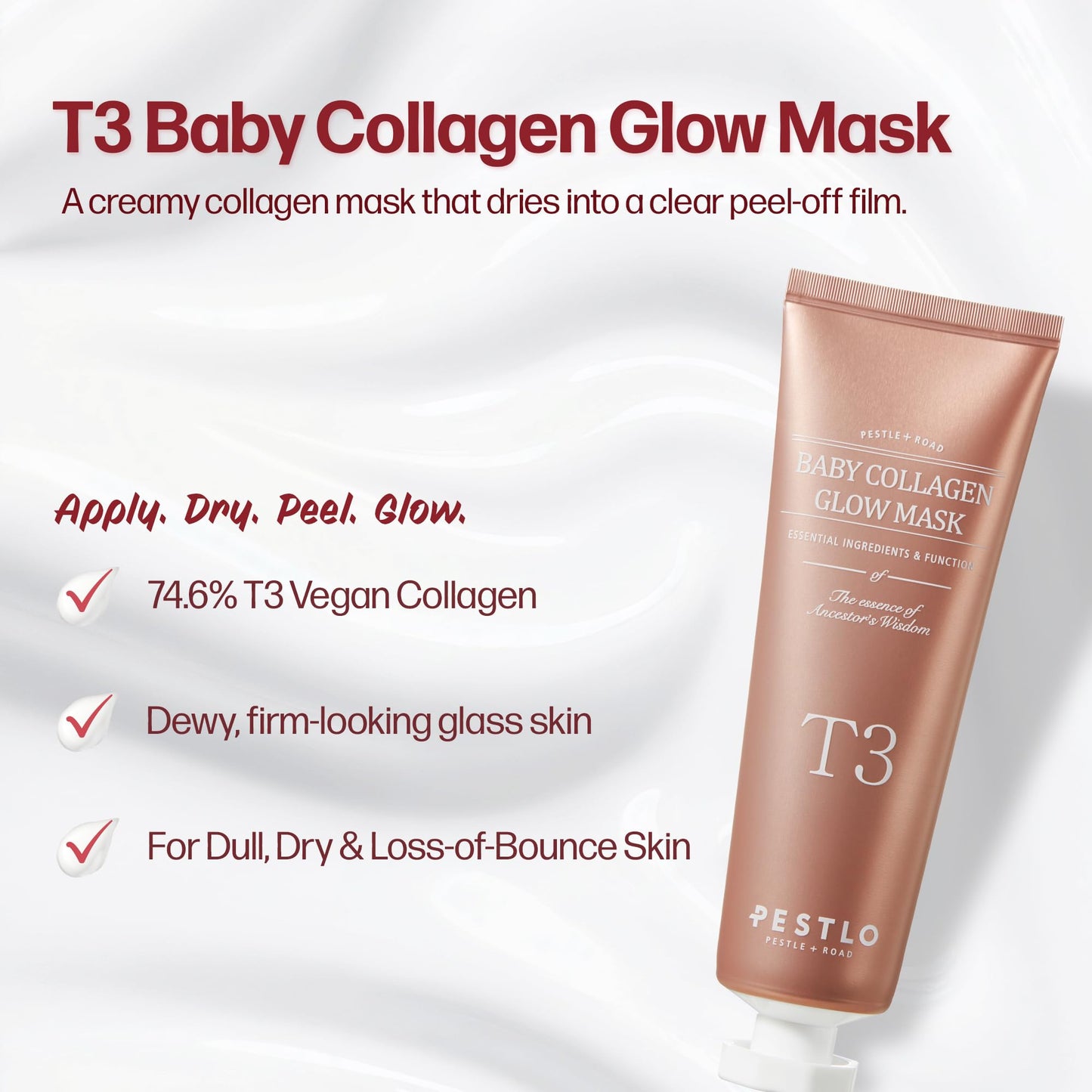 PESTLO Baby Collagen Glow Mask - Korean Peel Off Facial Mask Infused with Reallagen/T3 Vegan Collagen, Aginon, Volufiline for Hydrating, Firming, Glow, Glass Skin | Optional Overnight Use, 1.69 fl.oz