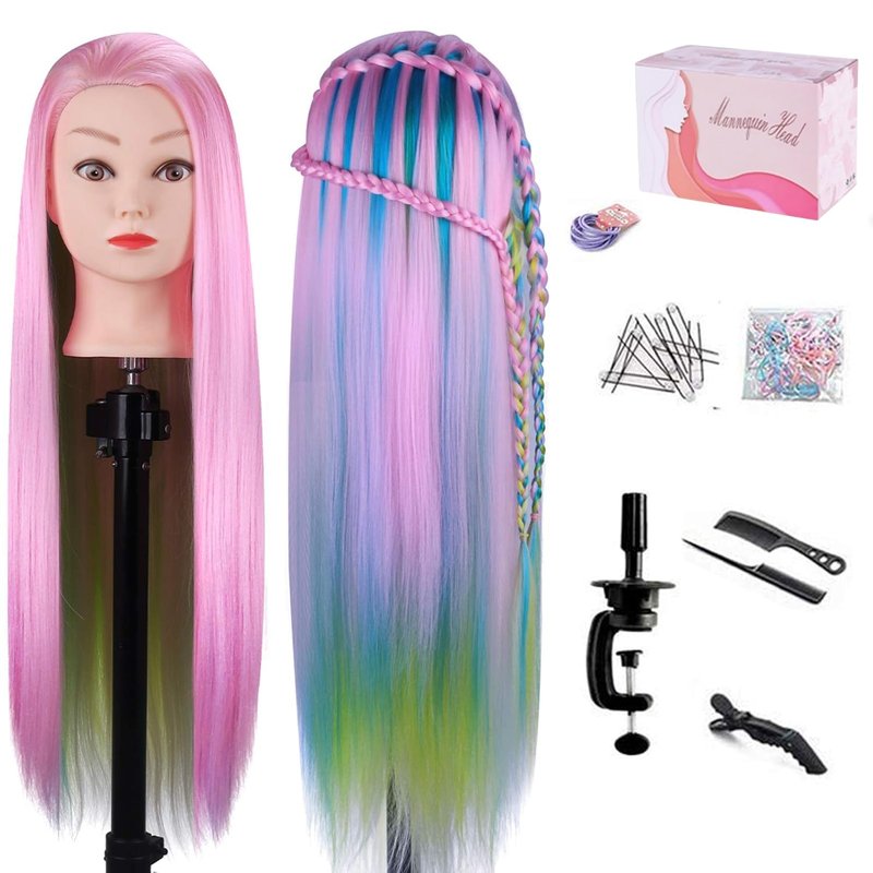 MYSWEETY 29 Inch Colorful Hair Mannequin Head - Cosmetology Training Doll with Clamp & Practice Tools | Pink