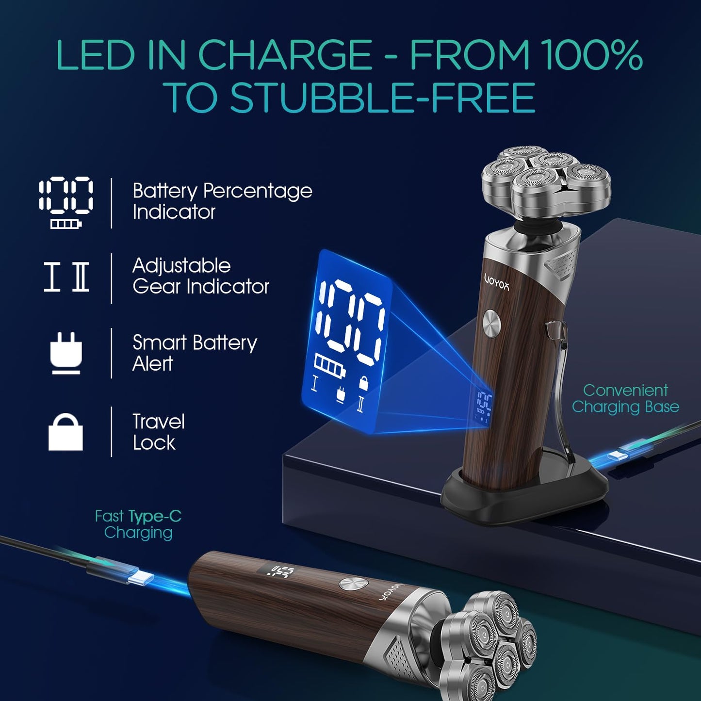 VOYOR Electric Razor for Men - 5D Floating Shavers for Men Magnetic Electric Shaver Rechargeable Face Shaver LED Display Wet Dry Shaving IPX6 Waterproof Mens Rotary Razor TX500 (Woodgrain)