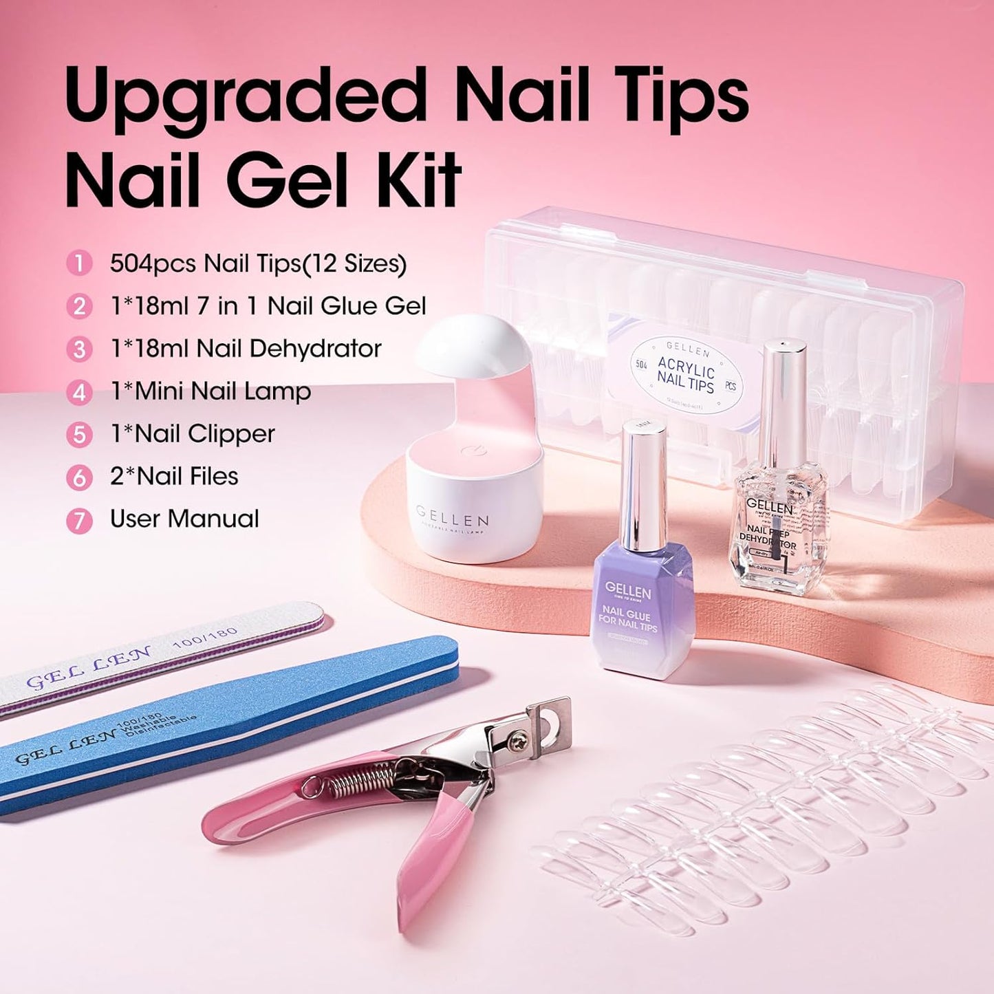 Coffin Shape Nail Tips Kit - 504Pcs Half Matte with 7 in 1 Gel Glue & UV Lamp | DIY Nail Art Set