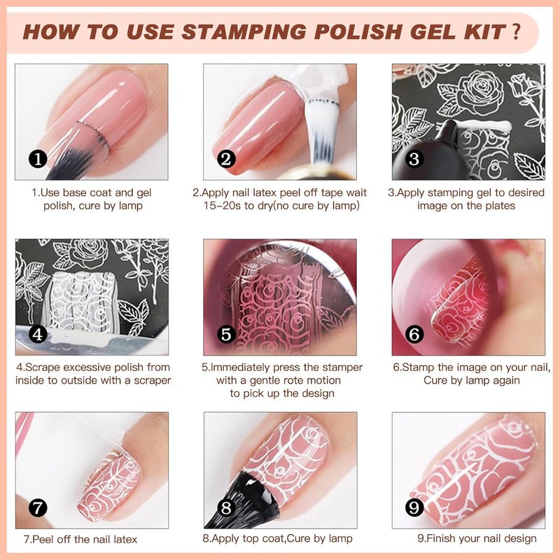 SEISSO Nail Stamping Polish Kit - 8 Colors, 4 Templates & Peel Off Tape for DIY Flower Art Design