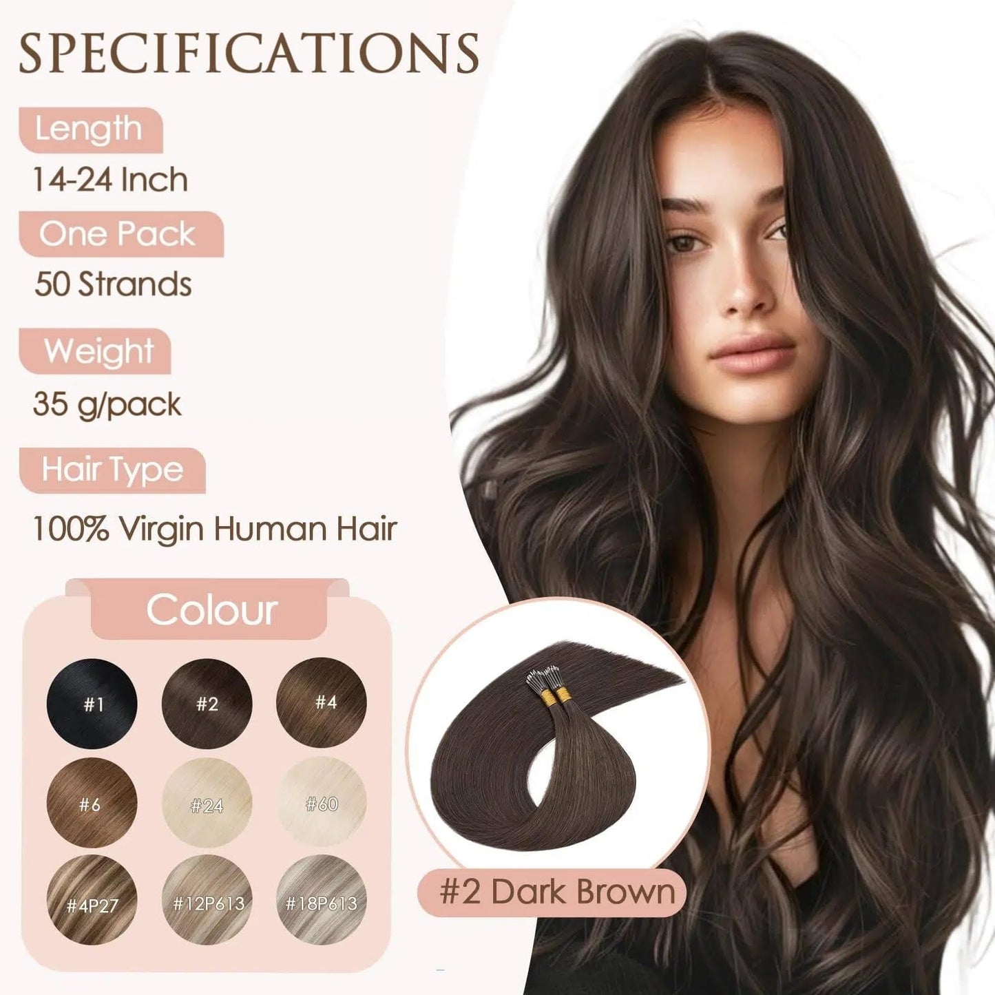 TESS Nano Bead Human Hair Extensions, Nano Ring Hairpieces Nano Tip Hair Extensions Pre-Bonded Seamless Look 50pcs/pack, 16 inch, #2R Dark Brown