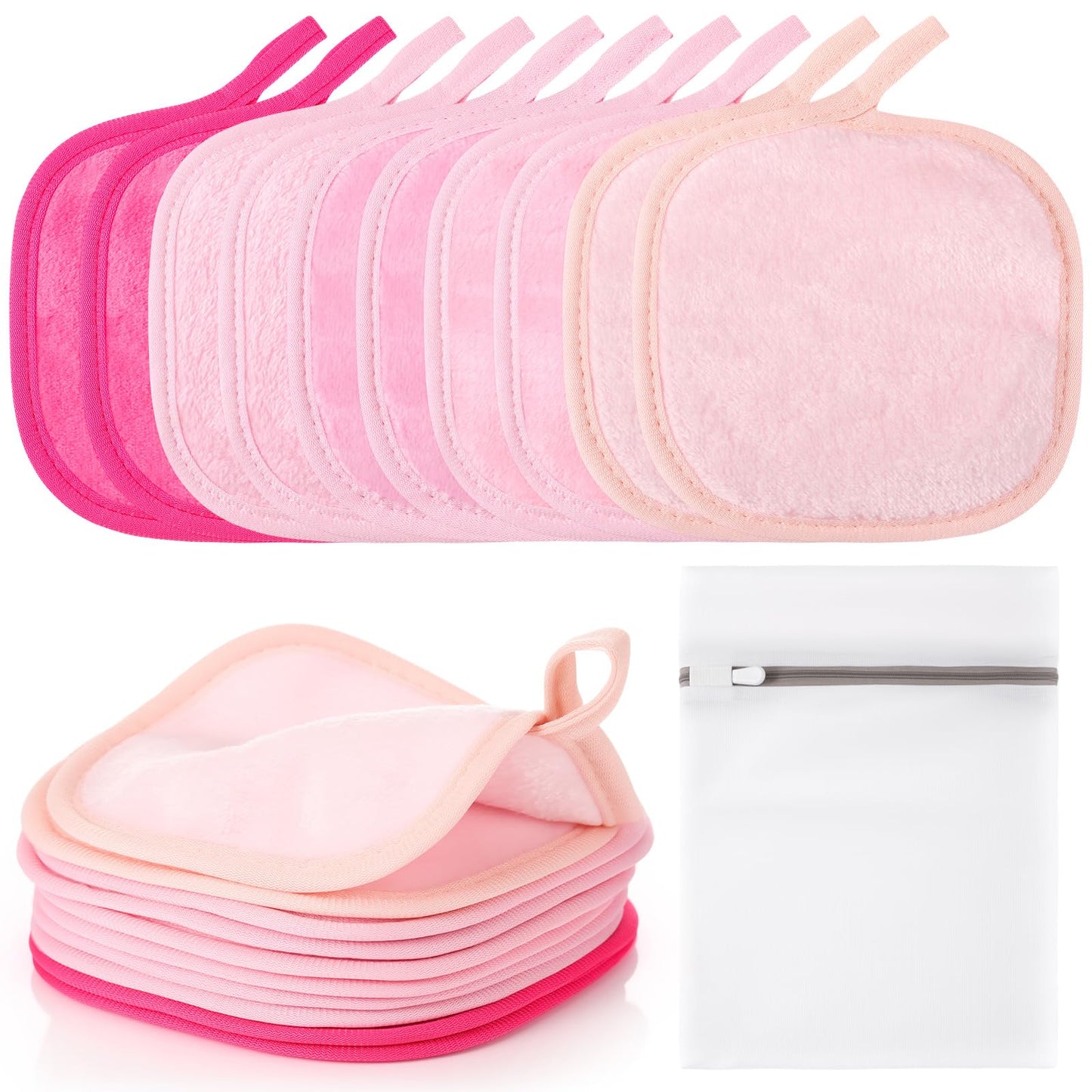 VitalCozy 10 Pack Makeup Remover Cloths, Makeup Remover Towels Reusable Face Cloth Eraser for Washing Face Microfiber Washcloth for Women Cleansing Just Water with Mesh Bag(Pink Colors)