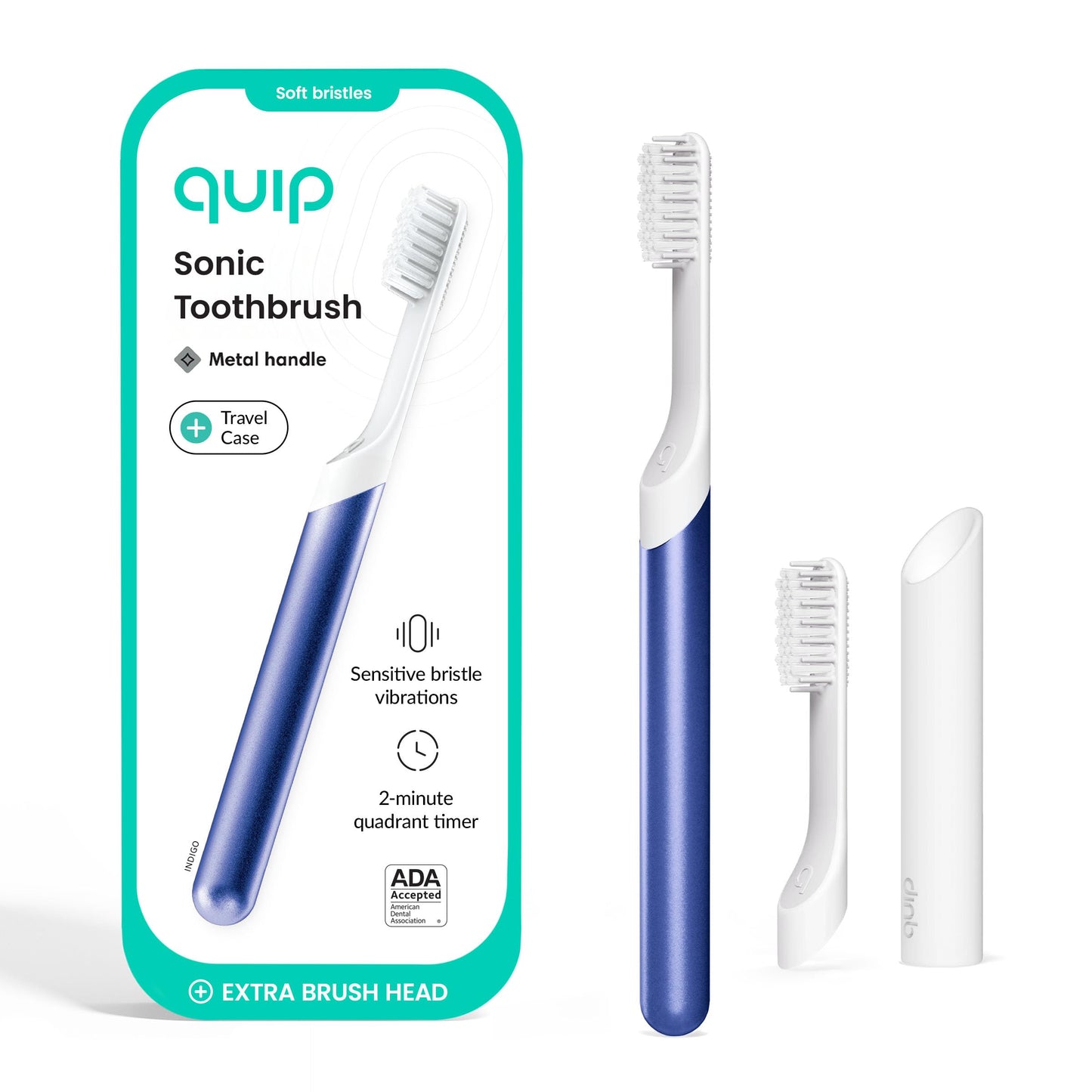 Quip Sonic Toothbrush for Adults with Timer - Includes Extra Brush Head and Travel Cover Mount - Electric, Soft Bristle Refill Head, Metal Handle, 3 Month Battery Life - Travel Toothbrush - Indigo