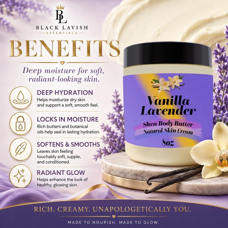 Ultra Soft Shea Body Butter Cream, Natural Hydrating Body Cream with Cocoa Butter, Mango Butter, Aloe Vera, Argan, Rosehip Oil, Moisturized Skin, Suits All Types (Vanilla Lavender, 8oz)