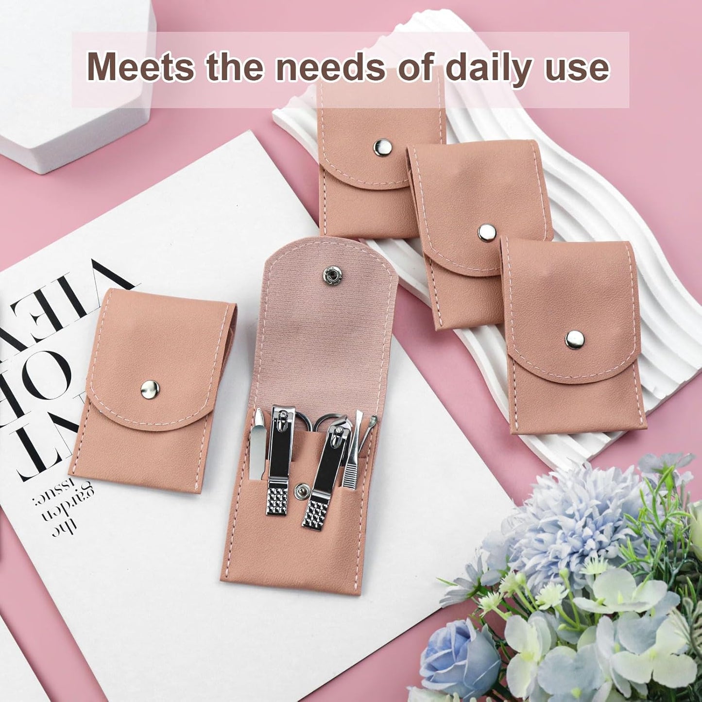 Stainless Steel Manicure Set - Professional Nail Clippers Kit | 7-in-1 Grooming Tools, Pink (24 Pack)