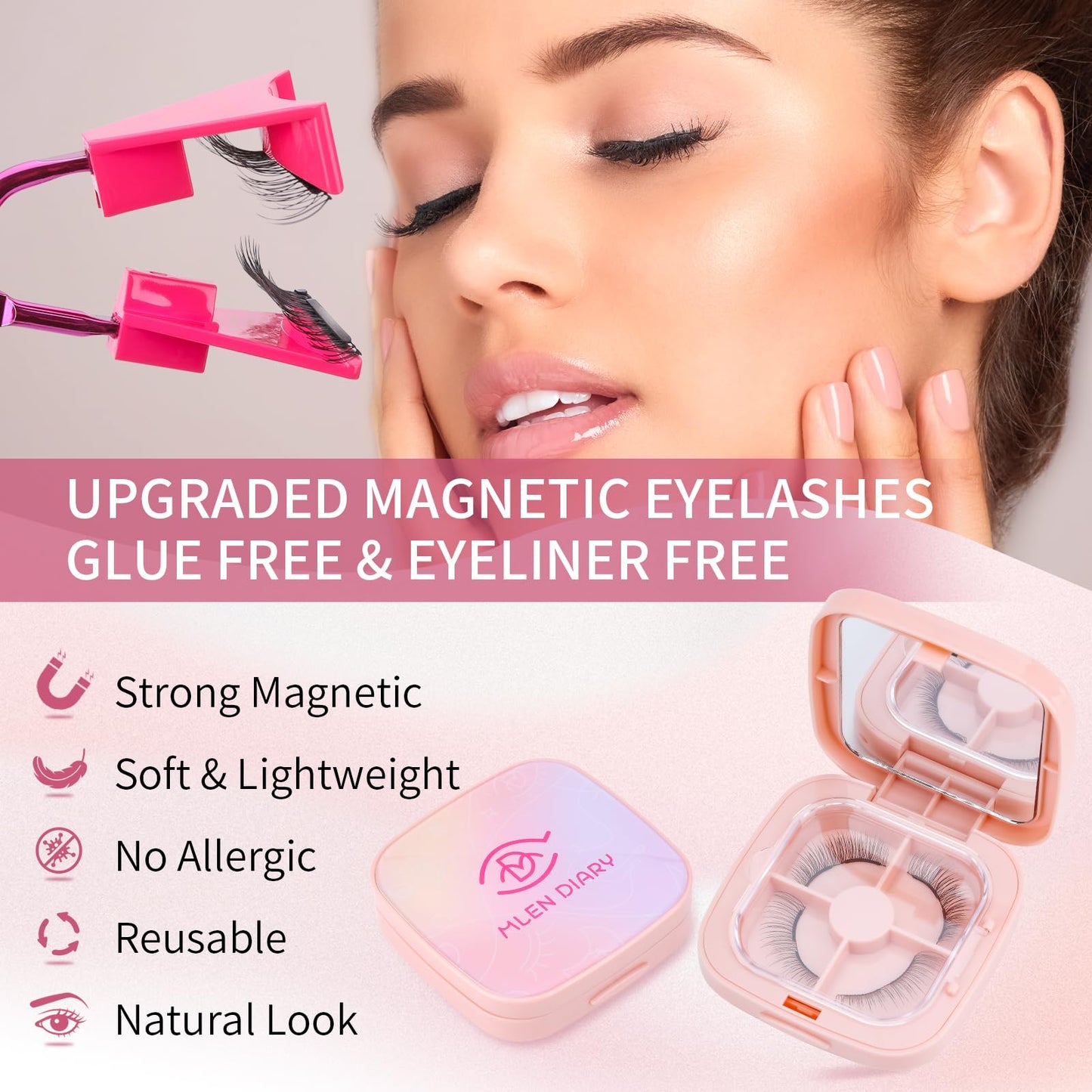 Dual Magnetic Eyelashes, Magnetic Eyelashes Without Eyeliner 4D Natural Look Reusable Easy to Wear, Soft Magnets False Eyelashes with Applicator No Glue, Charming Queen