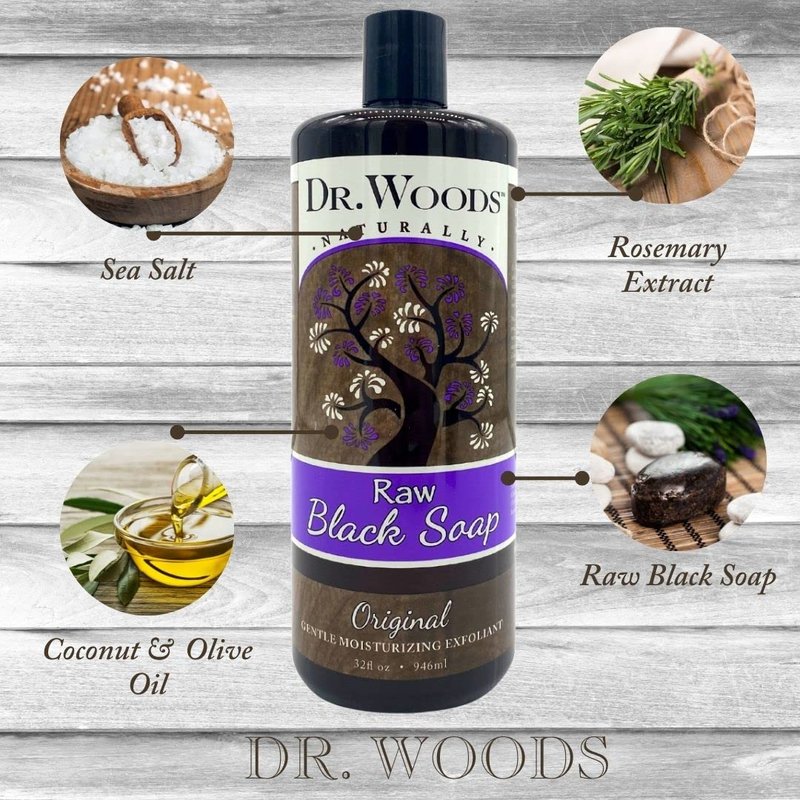 Dr. Woods Raw Liquid Black Soap, Body Wash for Men and Women, Gentle Exfoliant, Natural Cleanser for Face, Hands, and Body - 32 Fl Oz, Pack of 3