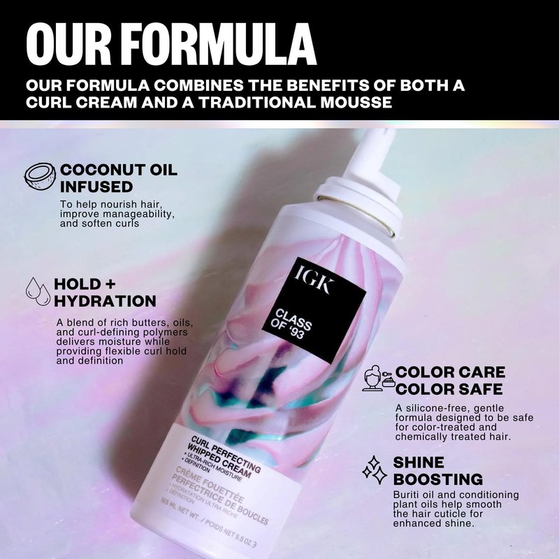IGK Class of '93 Curl Cream - Whipped Leave-In Conditioner & Curl Defining Styler for Curly, Wavy & Coily Hair, with 10 Butters & Oils, Silicone-Free, Vegan & Cruelty-Free, 5.5 Oz