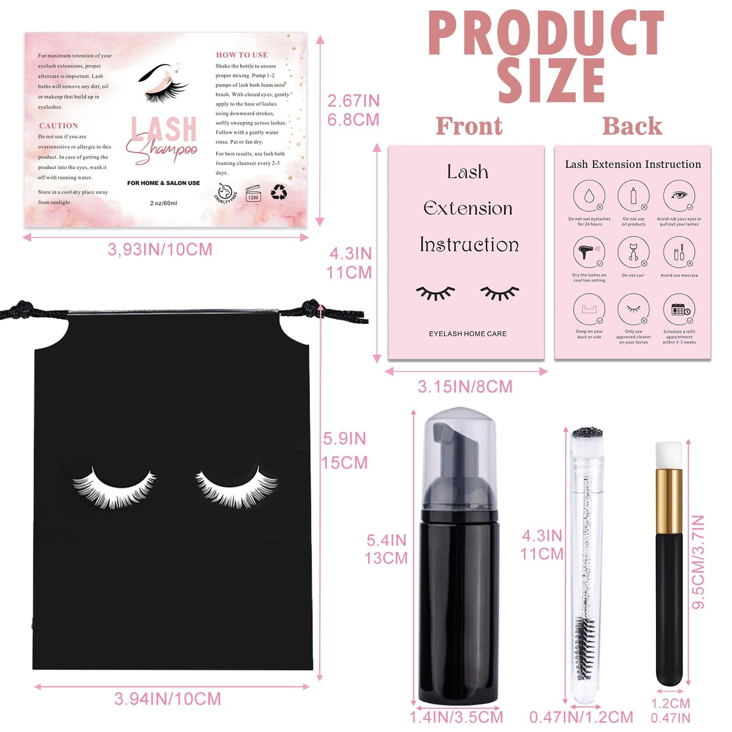 60PCS Lash Shampoo Bottles and Brushes Set, 10pcs Foam Pump Dispenser, Lash Cleaning Brush, Eyelash Extension Tube Brush, Instructions Cards, Bags, Lash Shampoo Stickers for Lash Business (B-black)