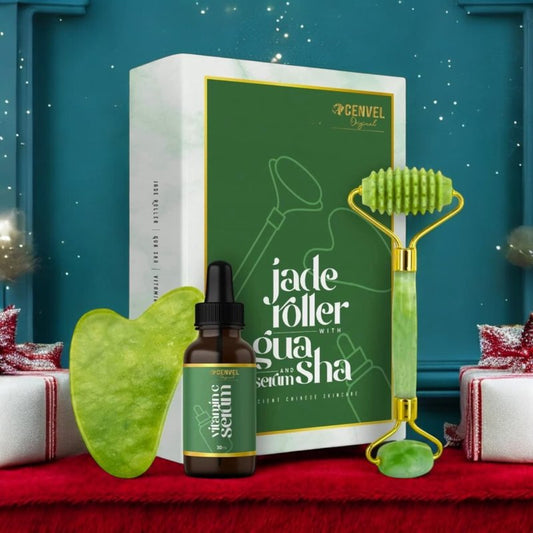 100% Real Natural Jade Stone Roller and Gua Sha Set with Vitamin C Serum | Great for Eye Puffiness Treatment, Skin Tightening, Anti Aging, Rejuvenate Face & Neck | Beauty Gift for Women (Green)