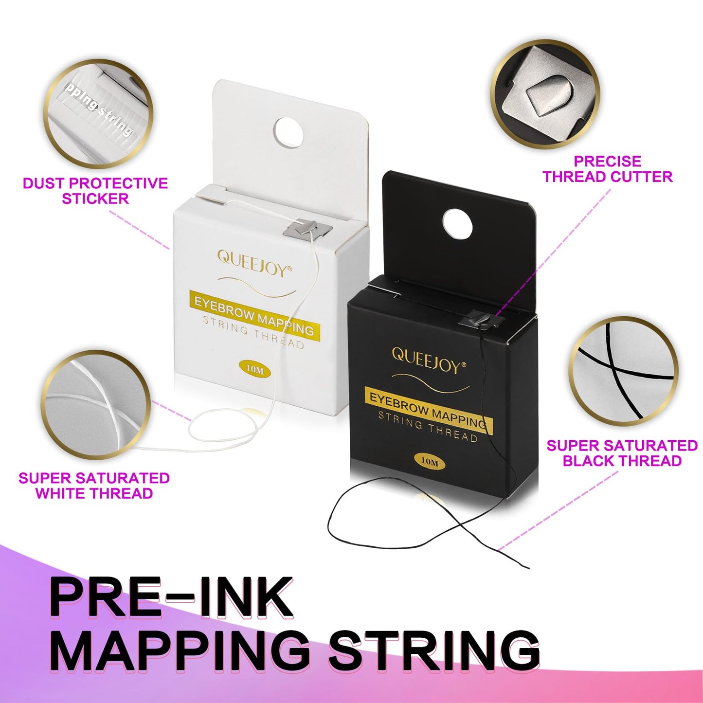 QUEEJOY Eyebrow Mapping Kit with 10M X2 Colors Brow Mapping String,50pcs Ruler Stencils, 20g White and Pink Brow Paste, 2 Brow Brushes Set, Eyebrow Mapping Pencil,Sharpener, Razor and Instructions