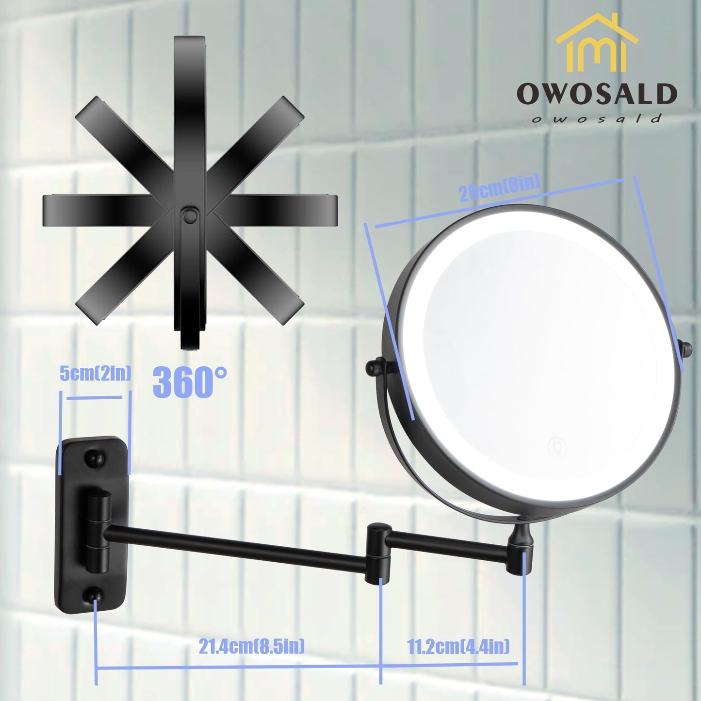 Wall Mounted Makeup Mirror, 1X/10X Magnifying, 360° Rotation, 3 Color LED Lighting, Touch Screen Dimming, Extended Arm, Black Bathroom Mirror