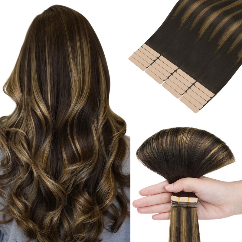 HOTBANANA Tape in Hair Extensions, 18 Inch 20pcs 50g Balayage Dark Brown Mixed Chestnut Brown Tape in Real Remy Human Hair Extensions Straight