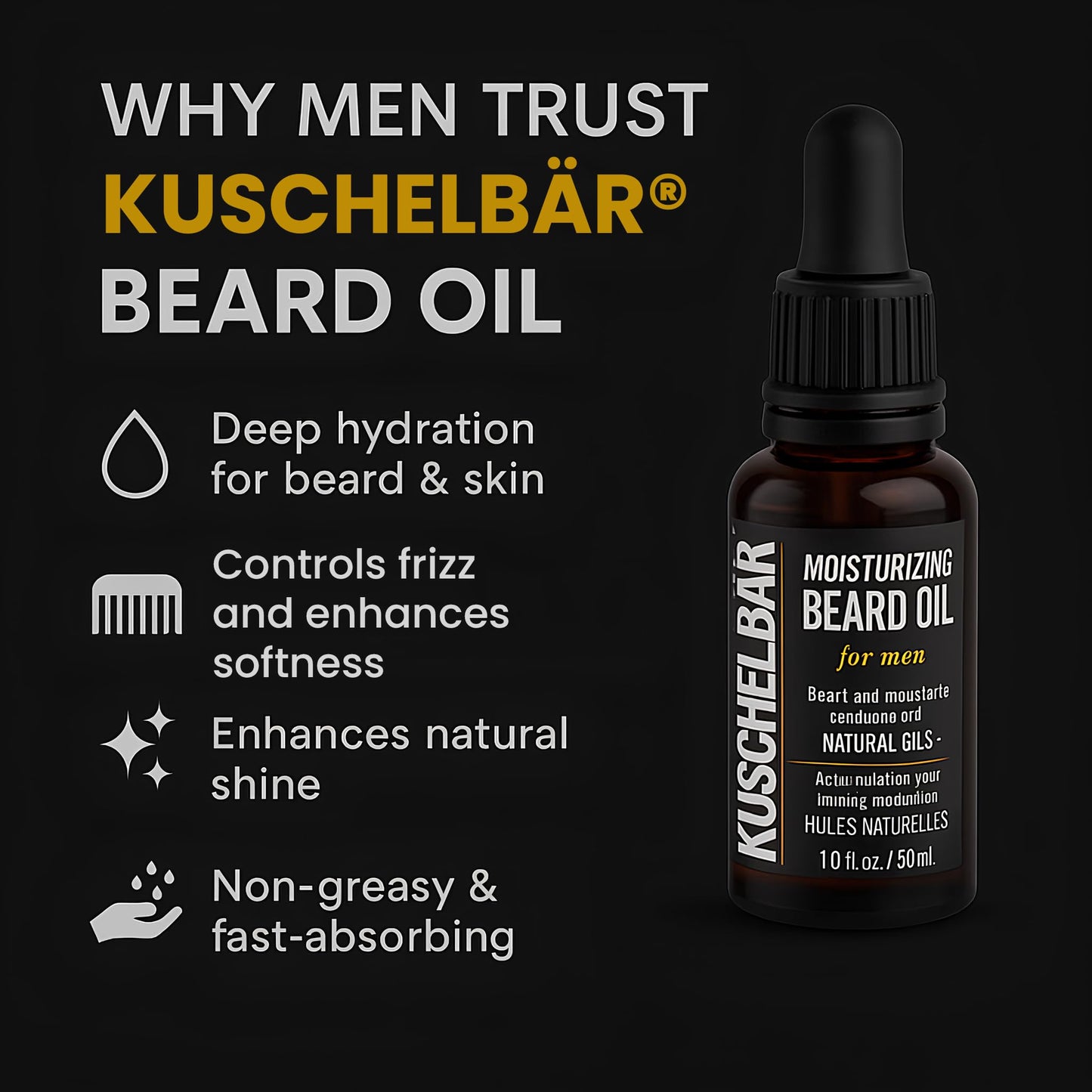 KUSCHELBAR - Beard Oil for Men | Beard Oil for Beard Growth | Provides Hydration, Softness, and Shine | Deep Moisture, Nourishment & Frizz Control | Leave-In, Non-Greasy, Lightweight l 3,38 fl.oz