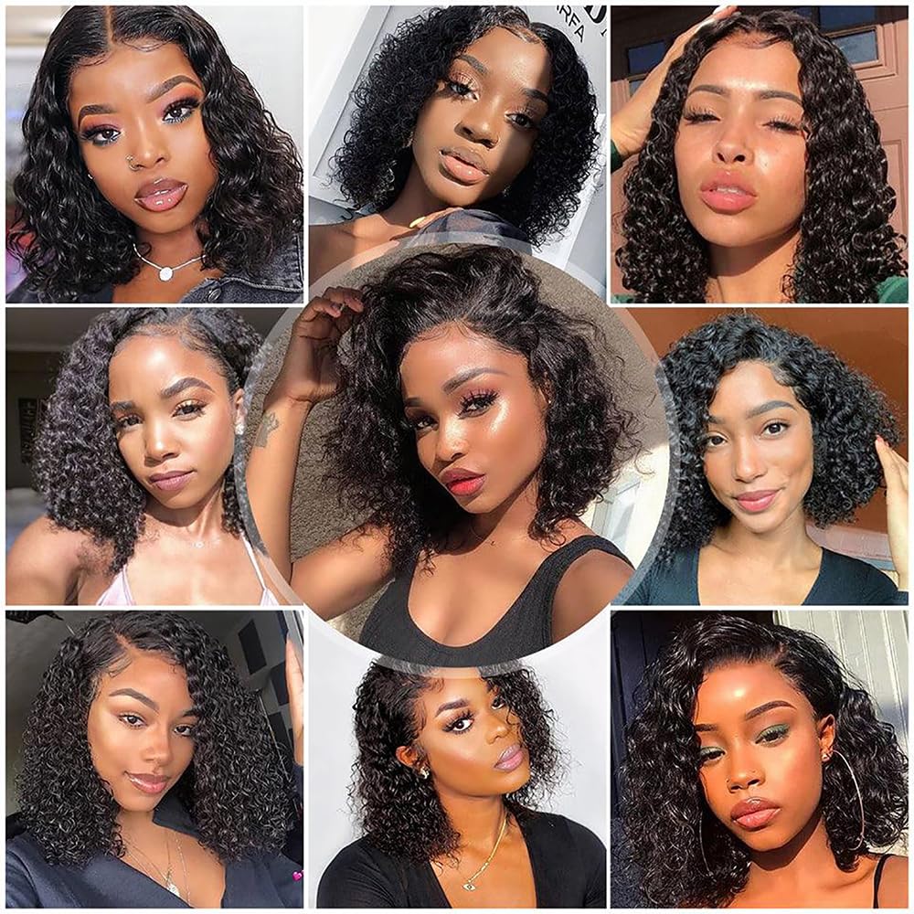 Nakkia Bob Wig Human Hair 13x6 Deep Wave Lace Front Wigs 13x6 Lace Frontal 180% Density Curly Bob Wig Human Hair Pre Plucked for Women Natural Black 8 Inch