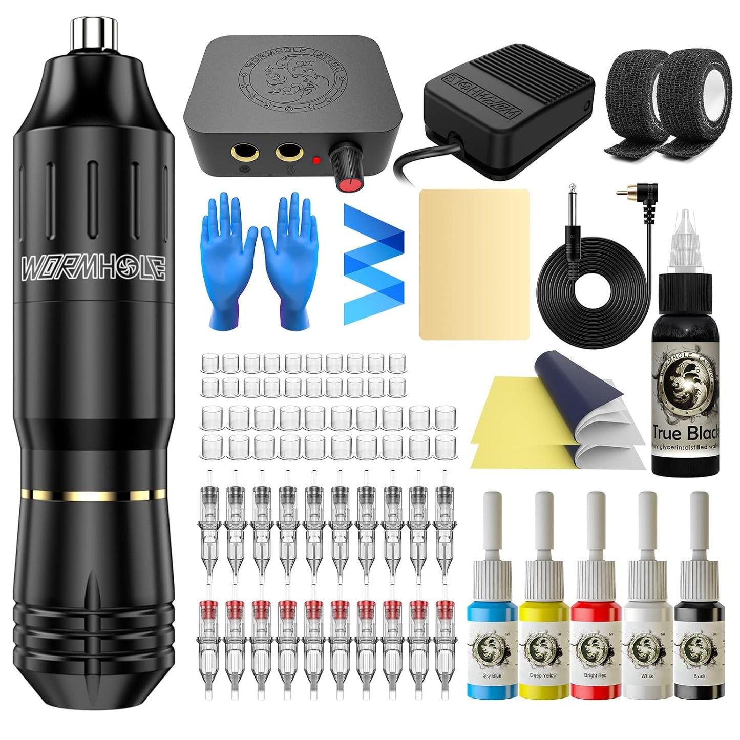 Tattoo Machine Kit - Wormhole Rotary Tattoo Practice Set for Beginners | Includes Inks & Cartridge Needles