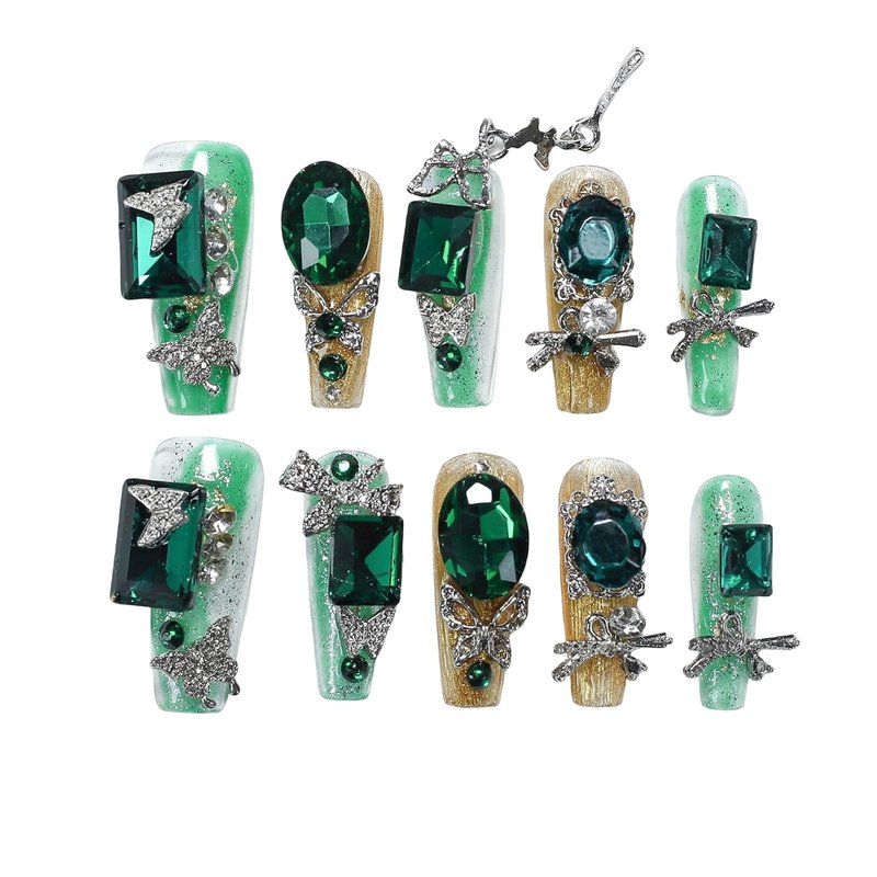 Emerald Green Press-On Nails Set - Dramatic Butterfly Design with Rhinestones | Easy Application & Gentle on Nails