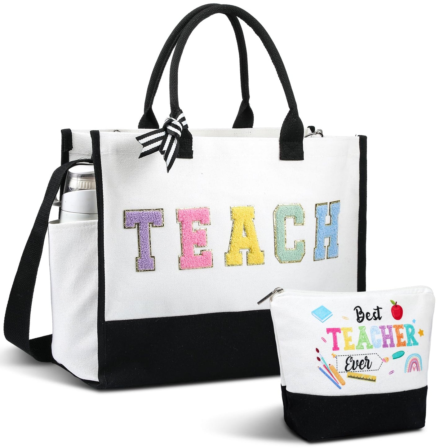 Abbylike 2 Pcs Teacher Appreciation Gifts for Women Canvas Chenille Letter Tote Bag with Makeup Bag Reusable Thank You Teacher Tote Gift for End of Year Graduation Birthday Teacher's Day Party Favor