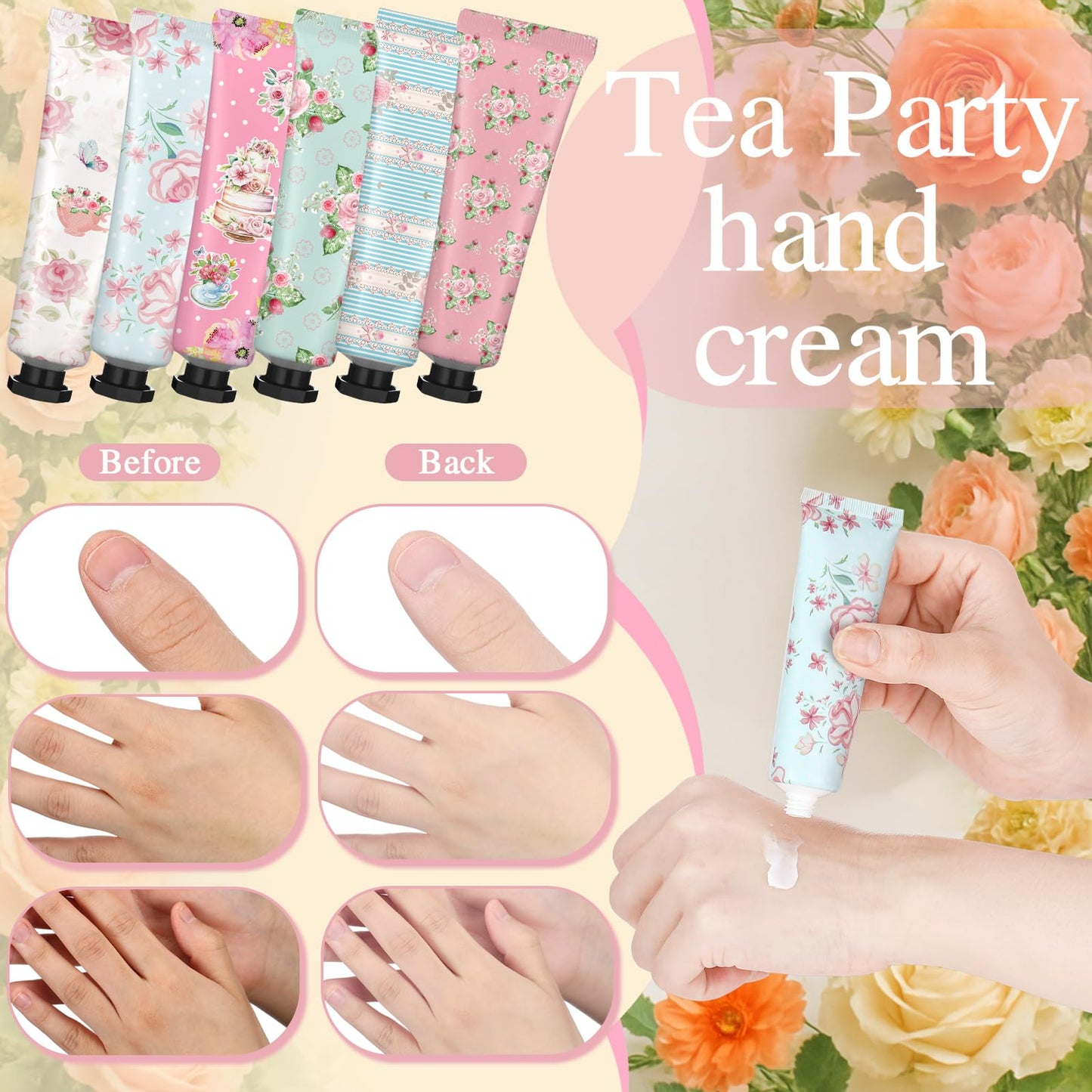 Swiffen Tea Party Hand Cream Gift Set Wonderland Floral Tea Party Favor Flower Moisturizing Hand Lotion Bulk Dry Cracked Care Cream Teapot Favor Boxes Treat Gift Goodie for Baby Shower, 20 ml(24 Pcs)