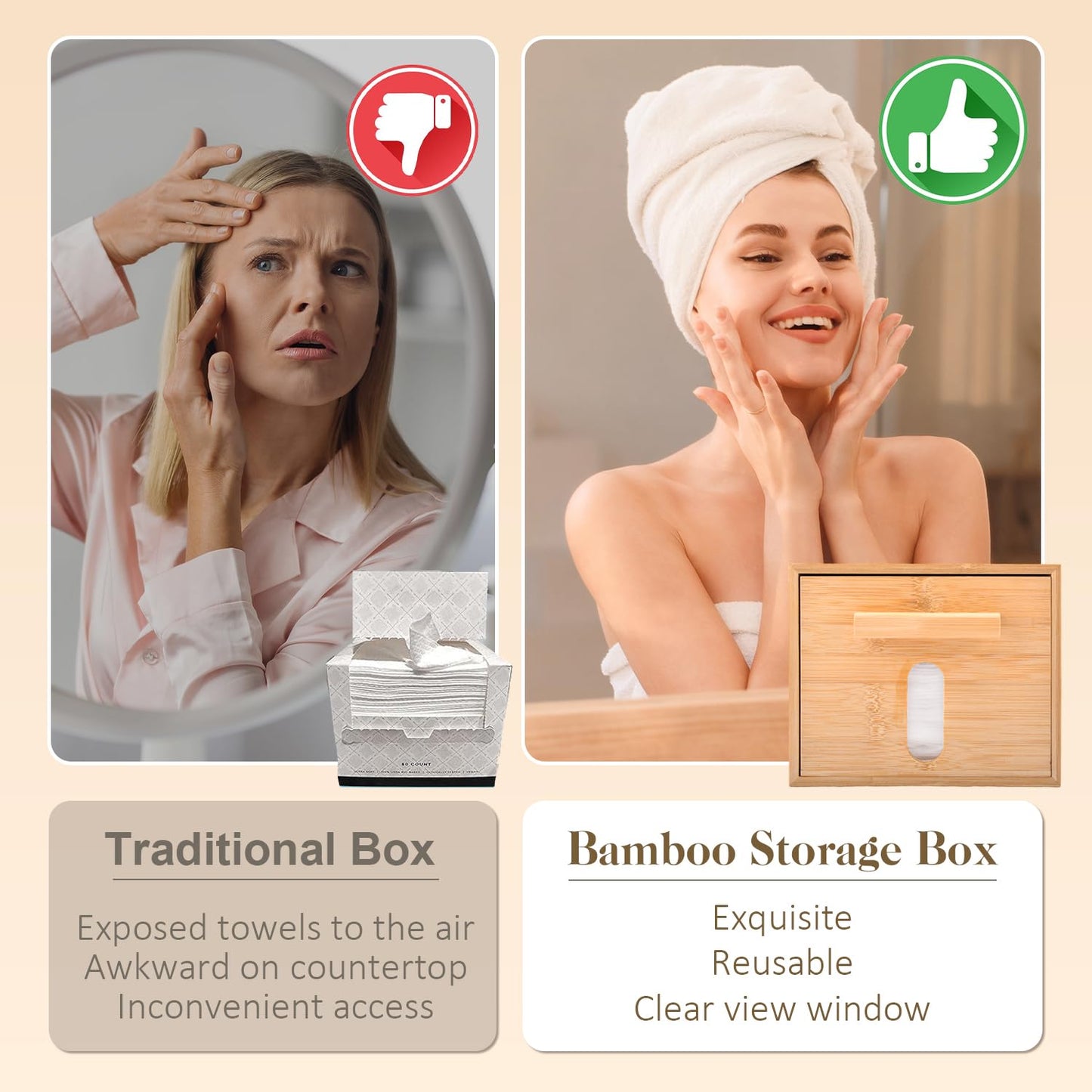 Catekro Bamboo Desk Organizer for Face Towel, Disposable Face Towel Storaged with Luxe Bamboo Box, Bamboo Box Multifunctional Bamboo Storage Box for Facial Towels
