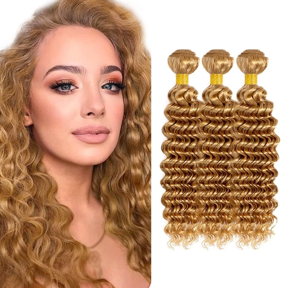 Giginger Brazilian Human Hair Bundles 12 14 16 Inch Honey Brown 27 Color Deep Wave Bundles Human Hair 300g Unprocessed Virgin Quick Weave Hair for Black Women