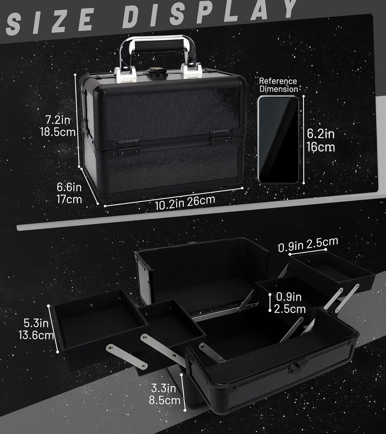 Makeup Train Case - 10.2" Hard Vanity Organizer with 4 Trays | Lockable Starry Black Travel Case for Artists