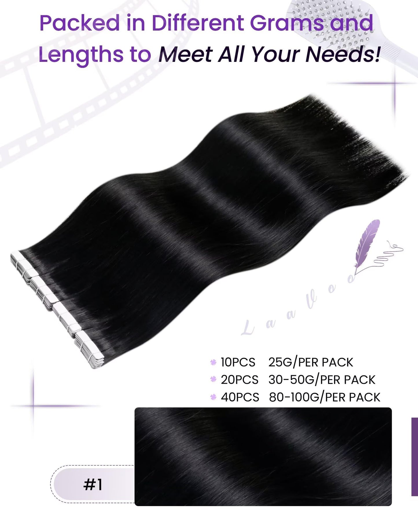 LaaVoo Human Hair Tape in Extensions Black Tape in Hair Extensions Human Hair Invisible Tape on Human Hair Extension Real Hair 16inch 20pcs 40g