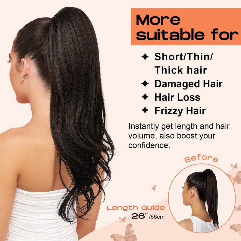 SEIKEA Versatile Drawstring Ponytail Extension, 26" Long Wavy Multi Layered Clip in Ponytail Hair Extensions Stand Up High Fake Pony Tail Soft Natural Synthetic Hairpiece Chocolate Brown Highlights