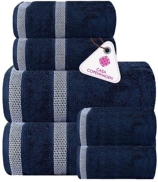 CASA COPENHAGEN Solitaire 6 Pieces Towel Set- Navy, 600 GSM 2 Bath Towel 2 Hand Towel 2 Washcloth, Designed in Denmark Made of Soft Egyptian Cotton for Bathroom, Kitchen & Shower
