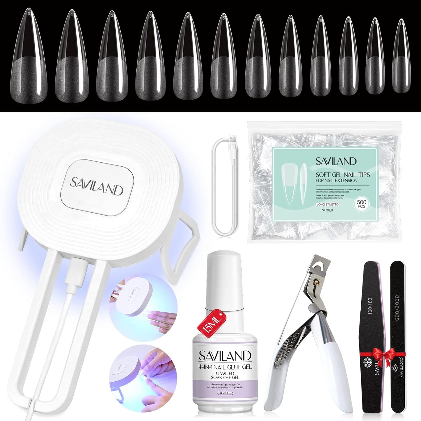 SAVILAND Gel Nail Kit - 500 Pcs Stiletto Nail Tips & Curing Lamp | DIY Acrylic Nails Art Set for Home Salon
