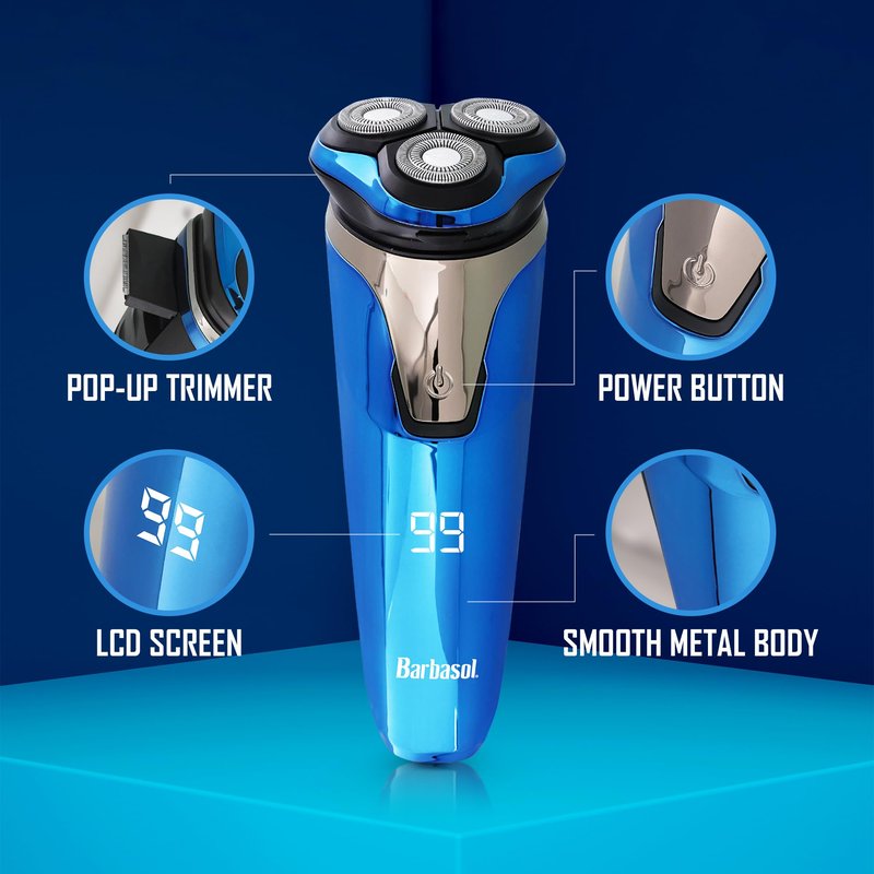 Rechargeable Electric Wet and Dry Rotary Shaver with Stainless Steel Blades, Pop Up Trimmer and LCD Screen
