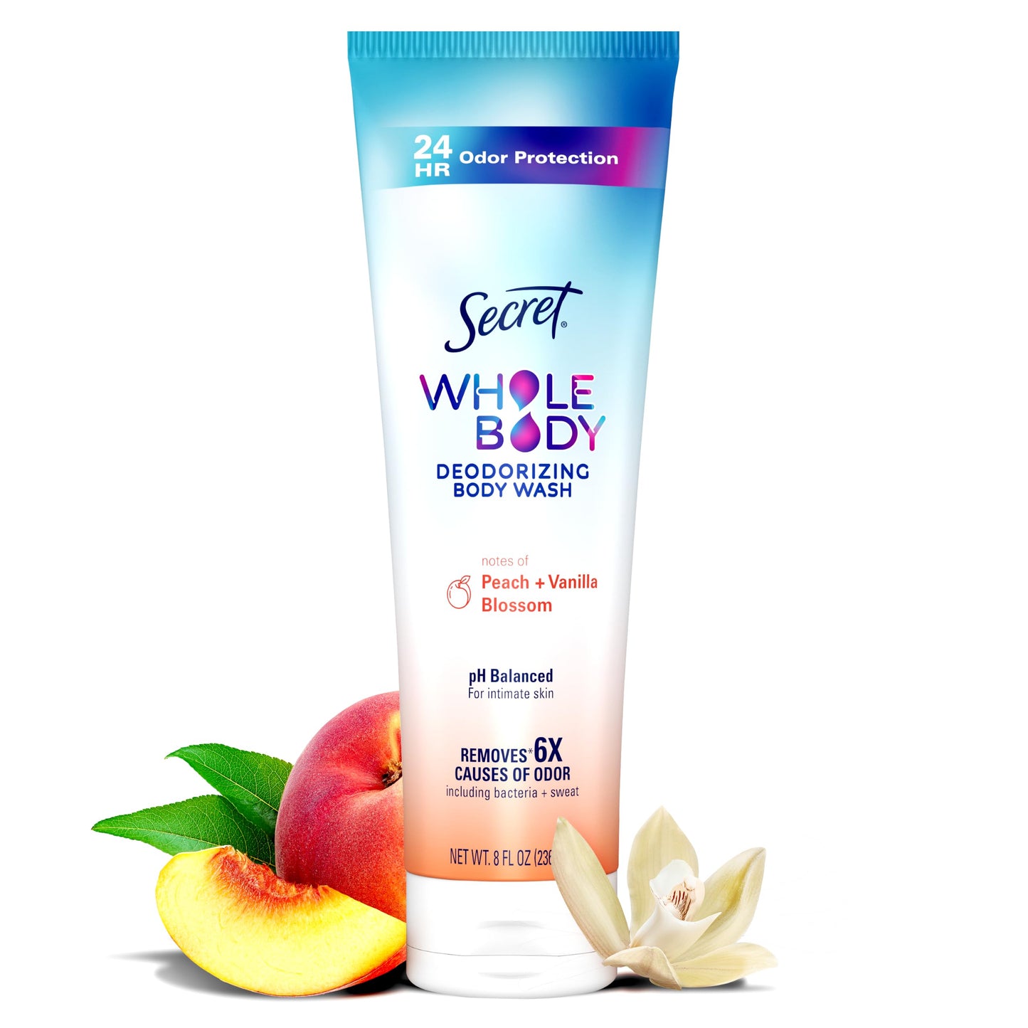 Secret Feminine Wash, 24 HR Deodorizing Feminine Body Wash for Women, Removes 6x Causes of Odor, PH Balanced, Safe to Use Everywhere, Peach & Vanilla Blossom Scent, 8.0 oz