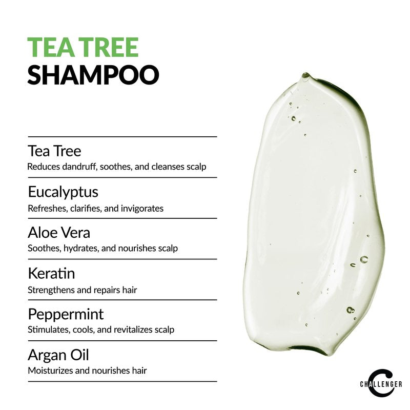 Challenger Tea Tree Shampoo | Men's Shower Product | For Itchy & Dry Scalp | Removes Dirt & Oils | Sulfate Free | Argan Oil, Biotin, Keratin | 16oz